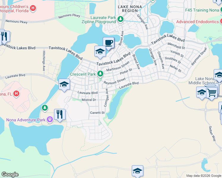 map of restaurants, bars, coffee shops, grocery stores, and more near 8455 Laureate Boulevard in Orlando