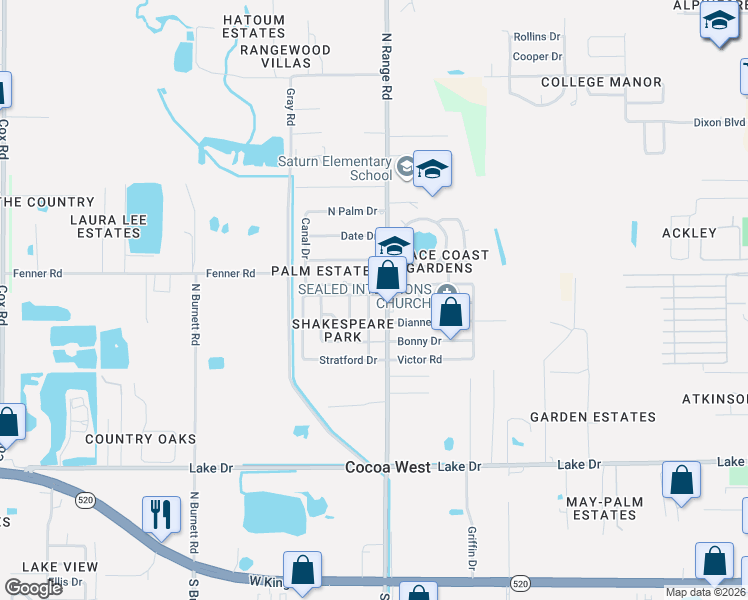 map of restaurants, bars, coffee shops, grocery stores, and more near 2586 Stratford Drive in Cocoa