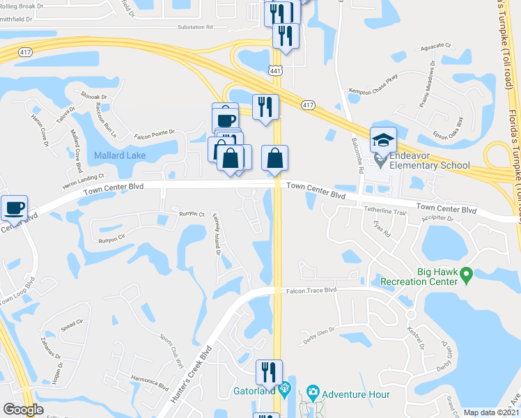 map of restaurants, bars, coffee shops, grocery stores, and more near 13572 Turtle Marsh Loop in Orlando