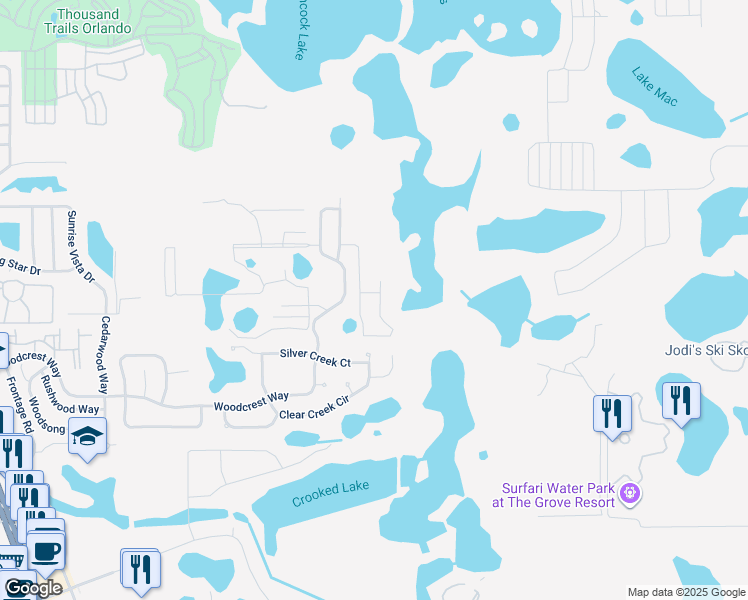 map of restaurants, bars, coffee shops, grocery stores, and more near 1657 Retreat Circle in Clermont