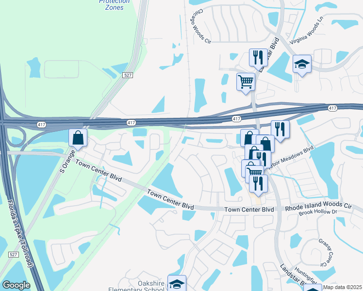 map of restaurants, bars, coffee shops, grocery stores, and more near 323 Woodbay Court in Orlando
