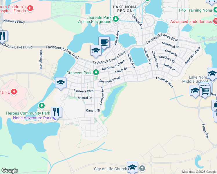 map of restaurants, bars, coffee shops, grocery stores, and more near 8481 Laureate Boulevard in Orlando