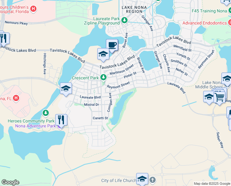 map of restaurants, bars, coffee shops, grocery stores, and more near 8481 Laureate Boulevard in Orlando