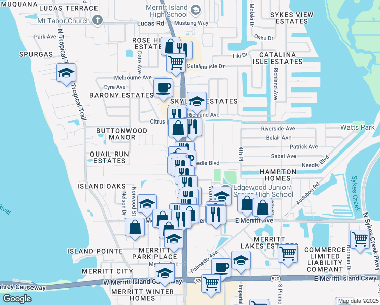 map of restaurants, bars, coffee shops, grocery stores, and more near 590 North Courtenay Parkway in Merritt Island