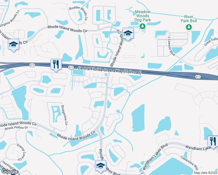 map of restaurants, bars, coffee shops, grocery stores, and more near 2030 Meadow Pond Way in Orlando