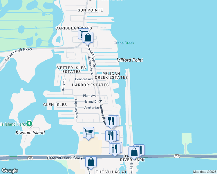 map of restaurants, bars, coffee shops, grocery stores, and more near 565 Albatross Street in Merritt Island