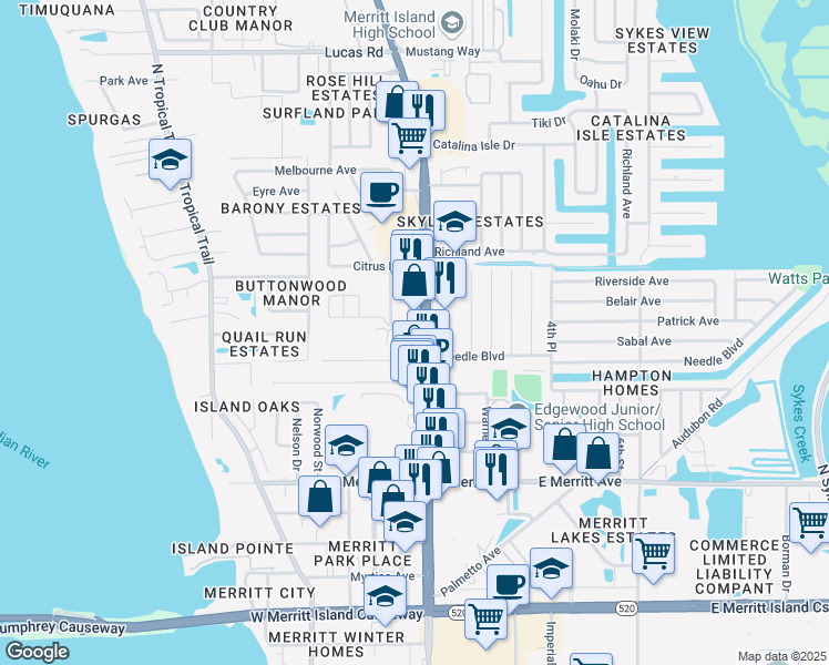 map of restaurants, bars, coffee shops, grocery stores, and more near 590 North Courtenay Parkway in Merritt Island