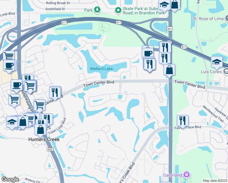 map of restaurants, bars, coffee shops, grocery stores, and more near 2419 Runyon Circle in Orlando
