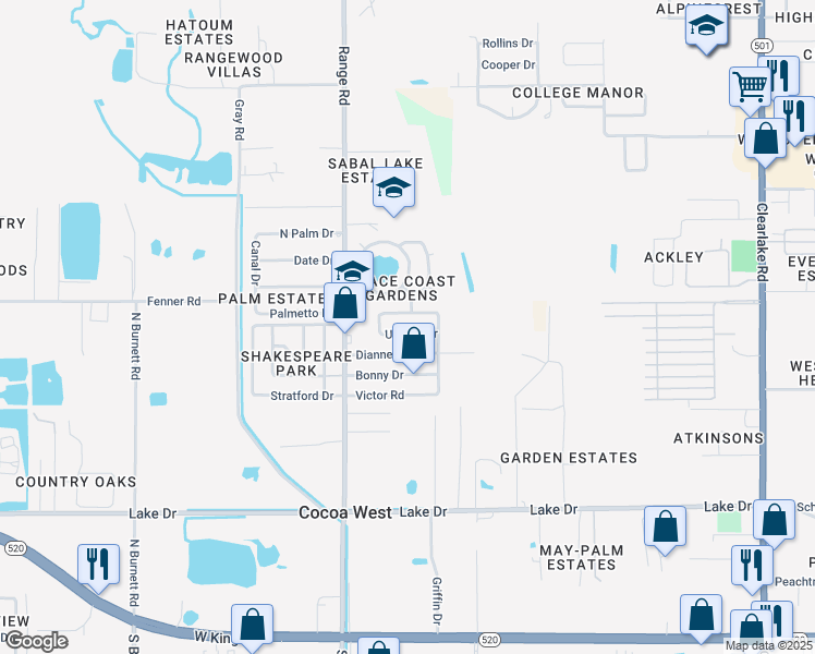 map of restaurants, bars, coffee shops, grocery stores, and more near 2460 Uranus Drive in Cocoa