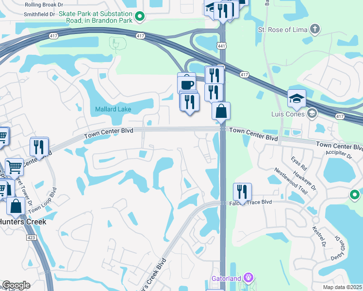 map of restaurants, bars, coffee shops, grocery stores, and more near 13953 Fairway Island Drive in Orlando