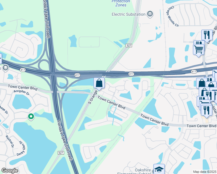 map of restaurants, bars, coffee shops, grocery stores, and more near 154 Glowing Peace Lane in Orlando