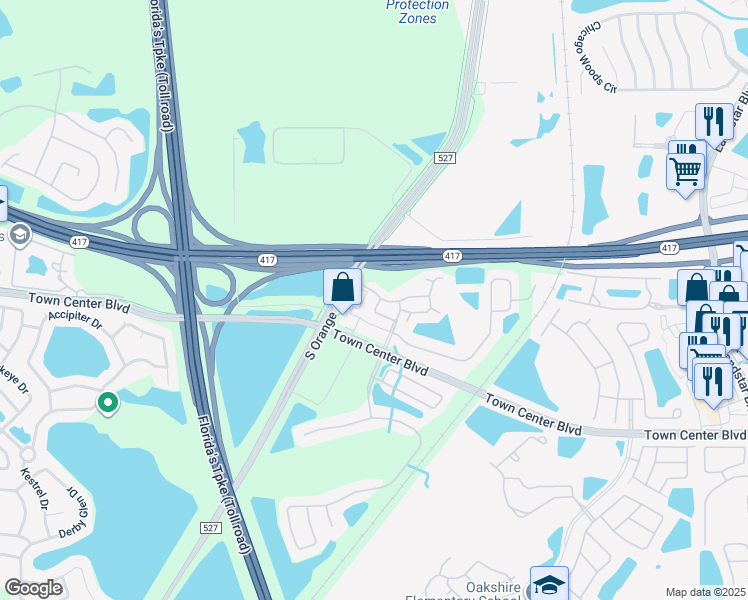 map of restaurants, bars, coffee shops, grocery stores, and more near 154 Glowing Peace Lane in Orlando