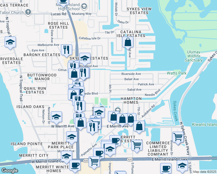 map of restaurants, bars, coffee shops, grocery stores, and more near 407 4th Place in Merritt Island