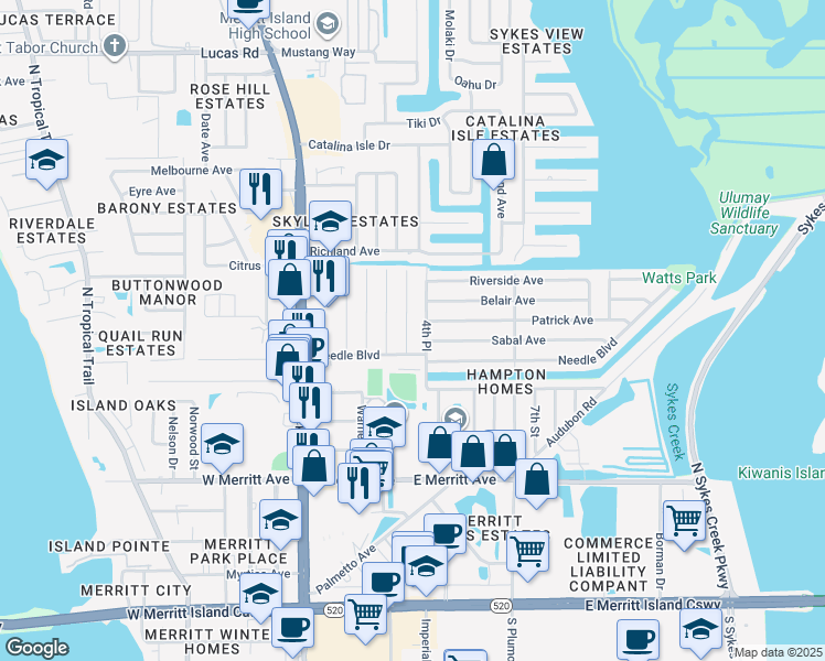 map of restaurants, bars, coffee shops, grocery stores, and more near 407 4th Place in Merritt Island