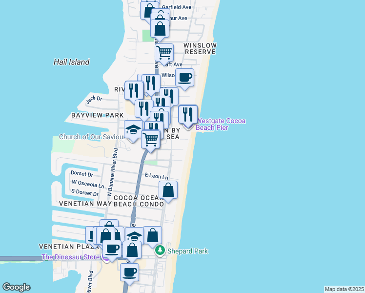 map of restaurants, bars, coffee shops, grocery stores, and more near 5300 Ocean Beach Boulevard in Cocoa Beach