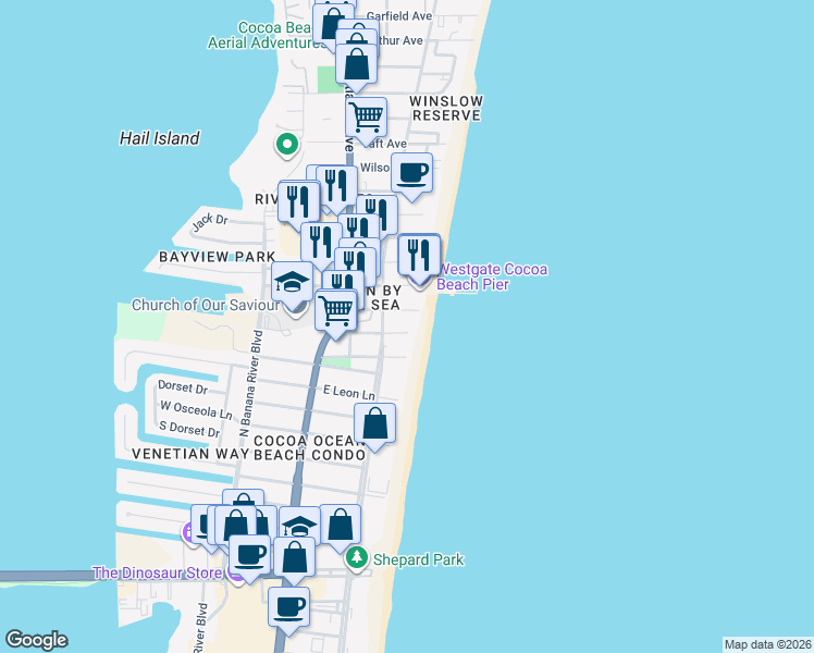 map of restaurants, bars, coffee shops, grocery stores, and more near 5300 Ocean Beach Boulevard in Cocoa Beach