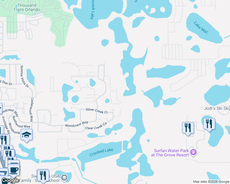 map of restaurants, bars, coffee shops, grocery stores, and more near 1657 Retreat Circle in Clermont