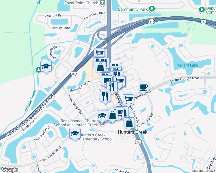 map of restaurants, bars, coffee shops, grocery stores, and more near 105A Hunters Oak Drive in Orlando