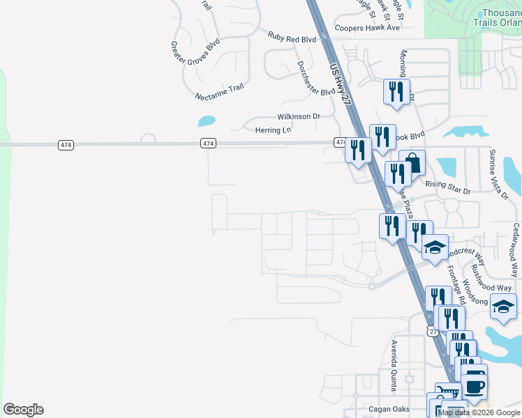 map of restaurants, bars, coffee shops, grocery stores, and more near Unnamed Road in Clermont