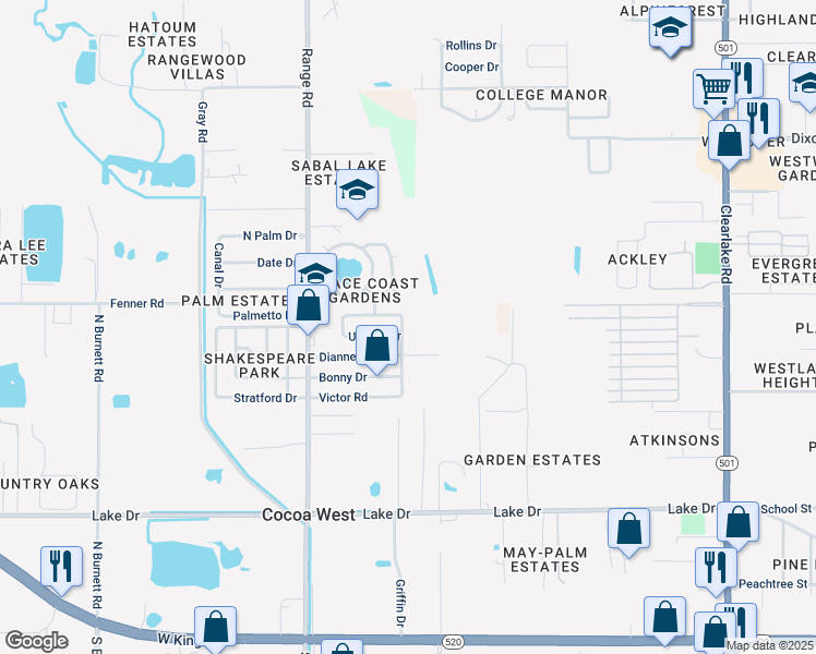 map of restaurants, bars, coffee shops, grocery stores, and more near 2393 Victor Road in Cocoa