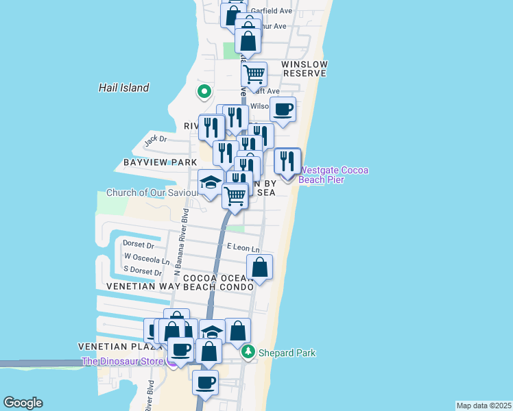 map of restaurants, bars, coffee shops, grocery stores, and more near 105 Pulsipher Avenue in Cocoa Beach
