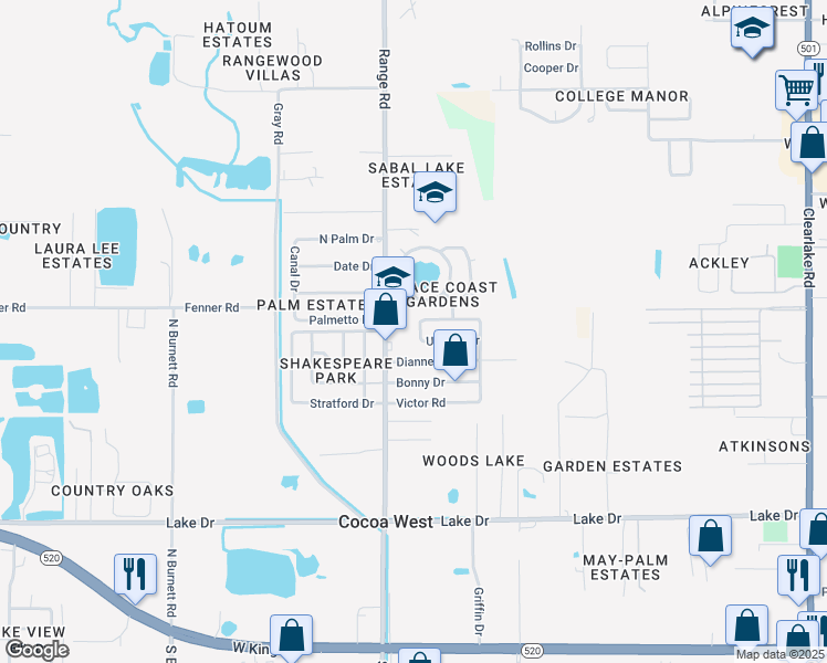 map of restaurants, bars, coffee shops, grocery stores, and more near 630 Leo Drive in Cocoa