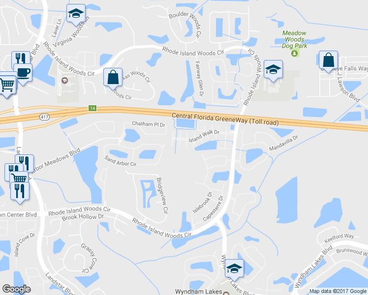 map of restaurants, bars, coffee shops, grocery stores, and more near 1878 Island Walk Drive in Orlando