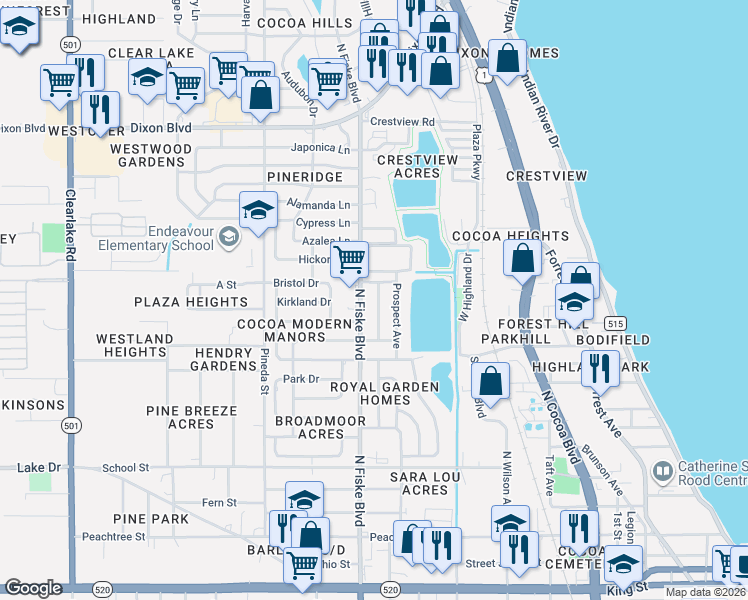 map of restaurants, bars, coffee shops, grocery stores, and more near 713 Thomas Avenue in Cocoa