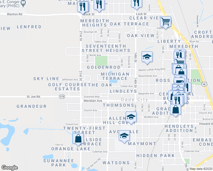 map of restaurants, bars, coffee shops, grocery stores, and more near 37218 Oak Court in Dade City