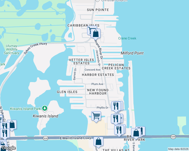 map of restaurants, bars, coffee shops, grocery stores, and more near 1535 Cunningham Avenue in Merritt Island