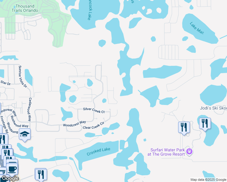 map of restaurants, bars, coffee shops, grocery stores, and more near 1657 Retreat Circle in Clermont