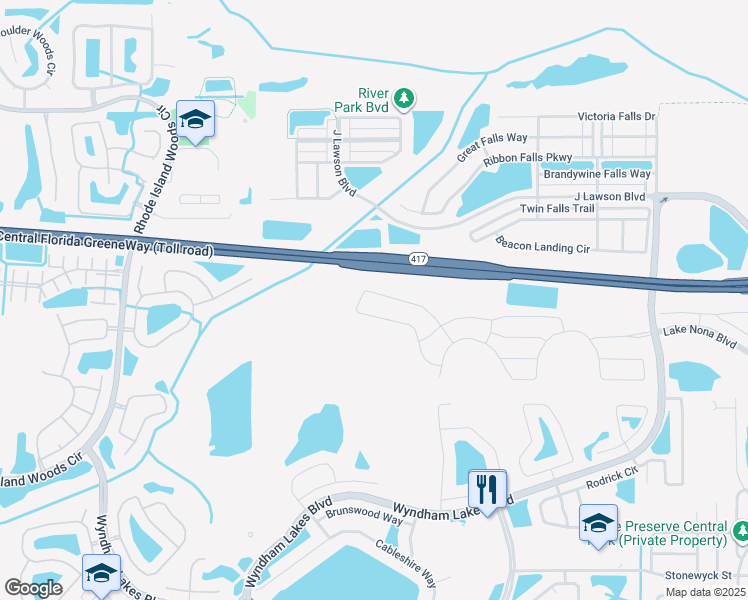 map of restaurants, bars, coffee shops, grocery stores, and more near 12392 Northover Loop in Orlando