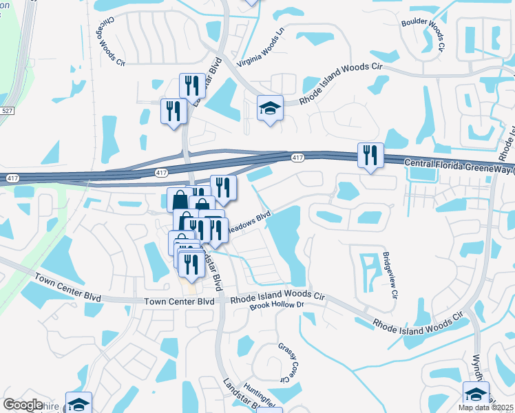 map of restaurants, bars, coffee shops, grocery stores, and more near 1407 Portofino Meadows Boulevard in Orlando