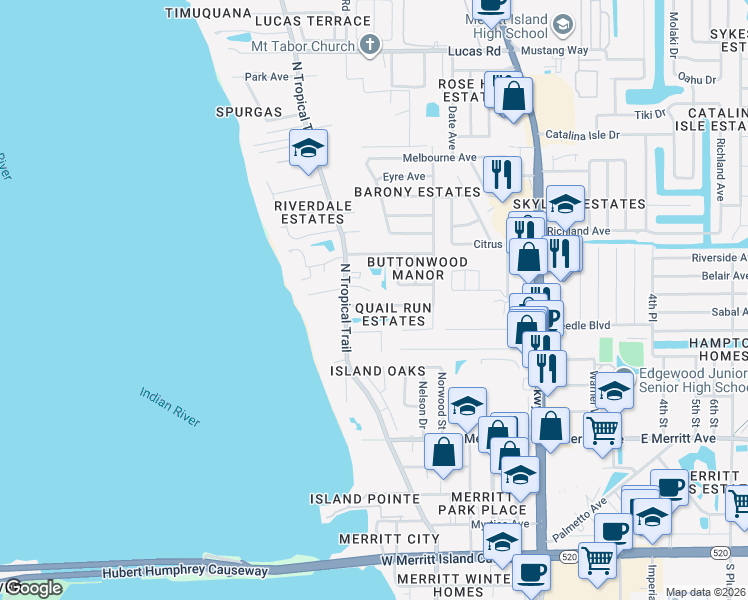 map of restaurants, bars, coffee shops, grocery stores, and more near 330 Quail Drive in Merritt Island