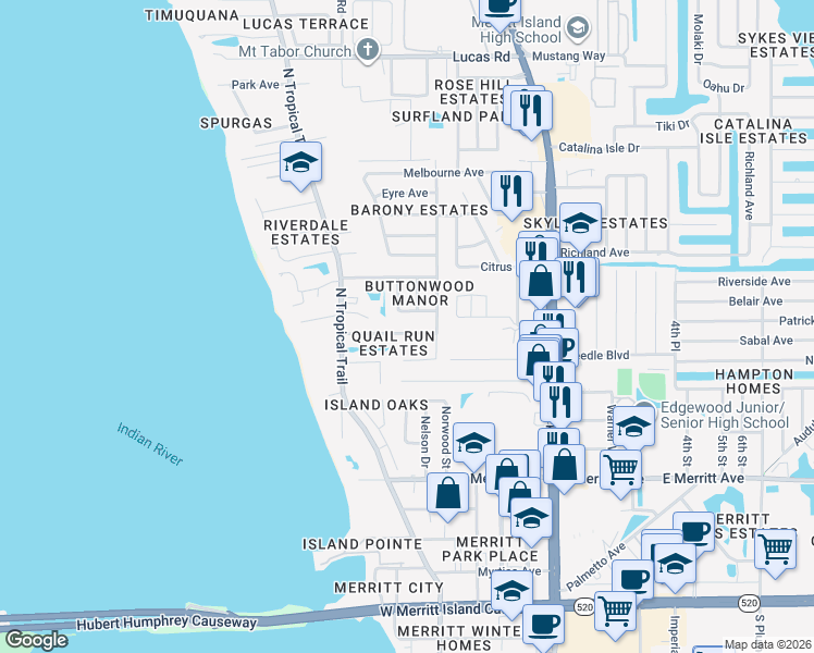 map of restaurants, bars, coffee shops, grocery stores, and more near 270 Quail Drive in Merritt Island