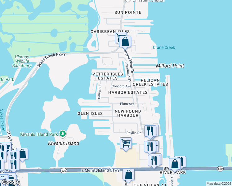 map of restaurants, bars, coffee shops, grocery stores, and more near 1465 Cunningham Avenue in Merritt Island