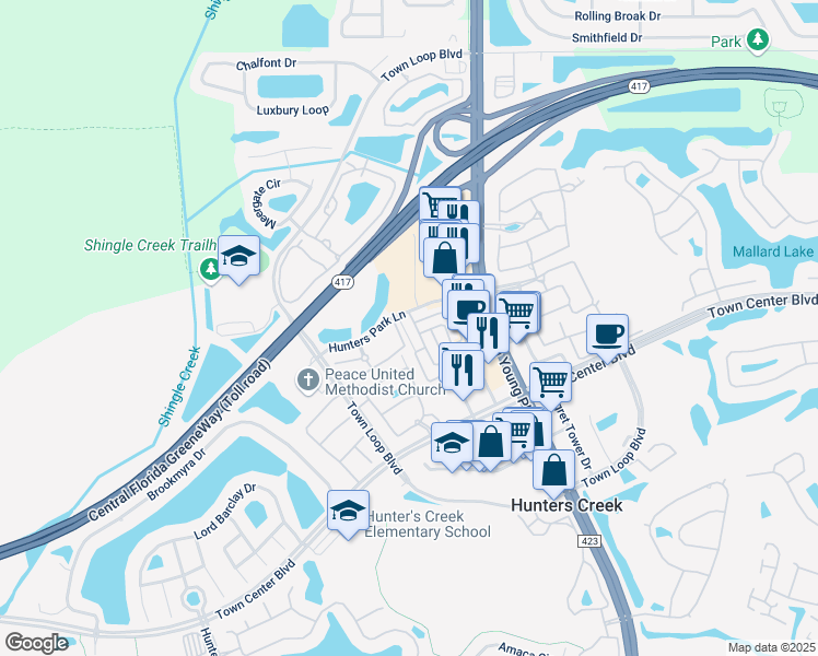 map of restaurants, bars, coffee shops, grocery stores, and more near 13628 Beauregard Place in Orlando