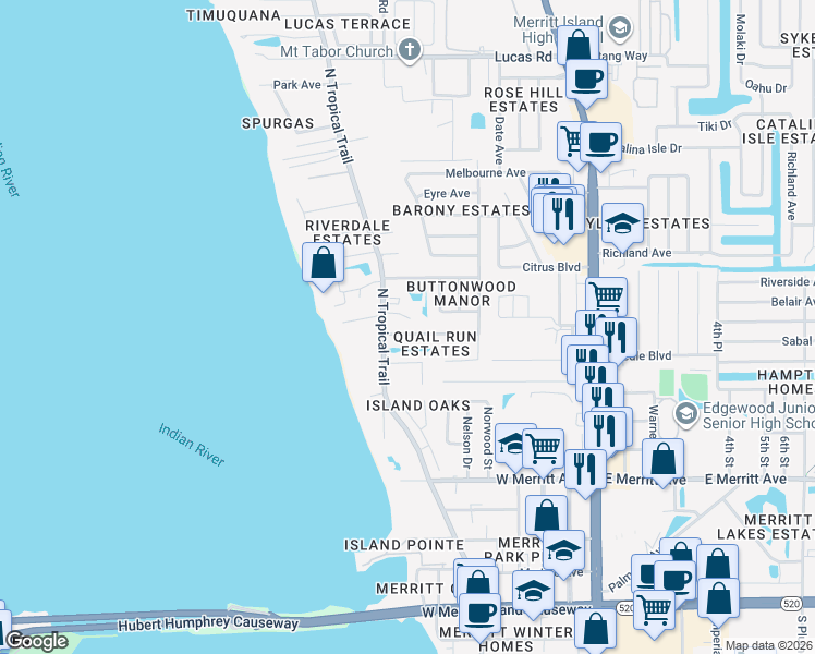 map of restaurants, bars, coffee shops, grocery stores, and more near 330 Quail Drive in Merritt Island