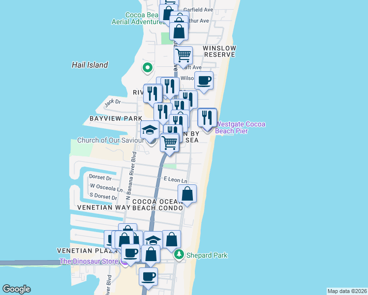 map of restaurants, bars, coffee shops, grocery stores, and more near 105 Pulsipher Avenue in Cocoa Beach