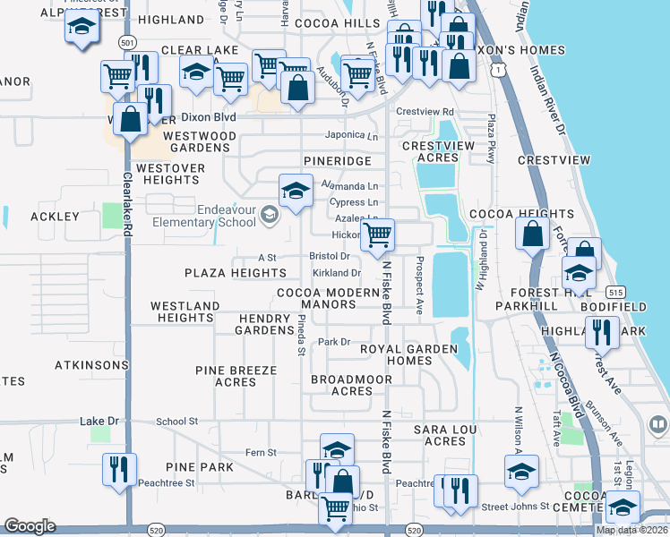 map of restaurants, bars, coffee shops, grocery stores, and more near 1109 Kirkland Drive in Cocoa