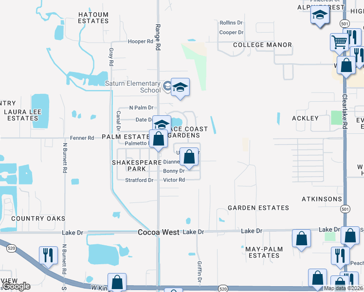 map of restaurants, bars, coffee shops, grocery stores, and more near 2460 Uranus Drive in Cocoa
