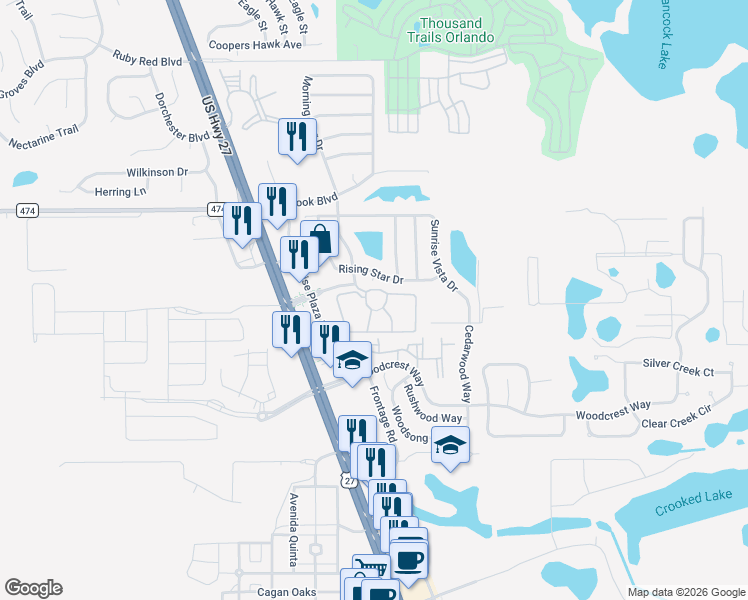 map of restaurants, bars, coffee shops, grocery stores, and more near 1305 Raintree Bend in Clermont