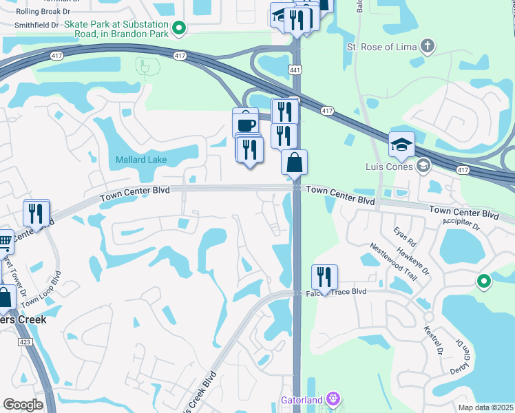map of restaurants, bars, coffee shops, grocery stores, and more near 13500 Turtle Marsh Loop in Orlando