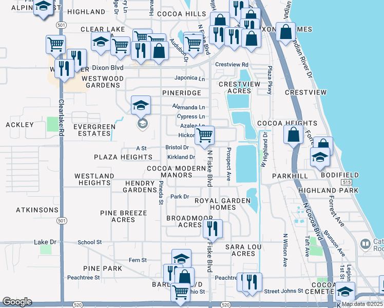 map of restaurants, bars, coffee shops, grocery stores, and more near 1102 Kirkland Drive in Cocoa