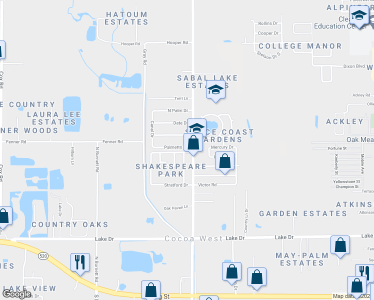 map of restaurants, bars, coffee shops, grocery stores, and more near 2586 Stratford Drive in Cocoa
