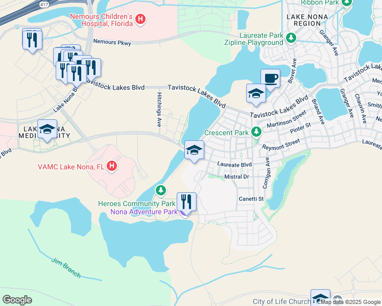 map of restaurants, bars, coffee shops, grocery stores, and more near Laureate Boulevard in Orlando