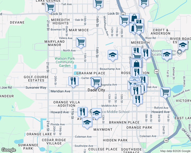 map of restaurants, bars, coffee shops, grocery stores, and more near 37510 Robinson Avenue in Dade City