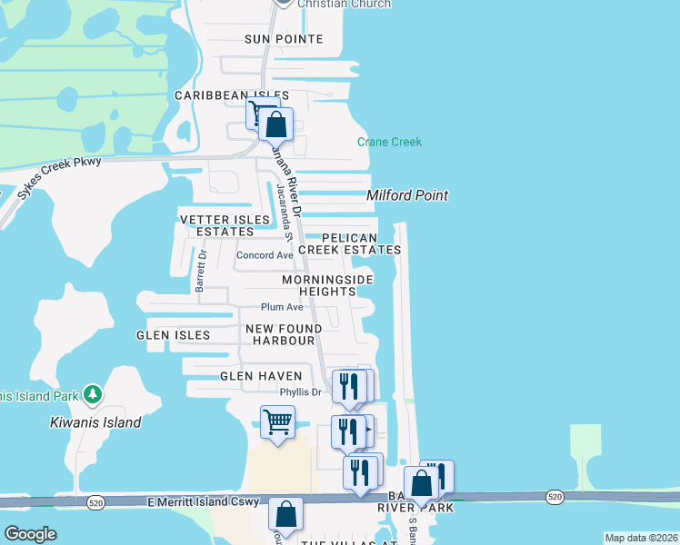 map of restaurants, bars, coffee shops, grocery stores, and more near 565 Albatross Street in Merritt Island