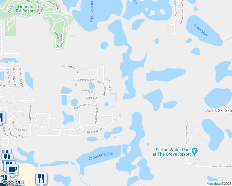 map of restaurants, bars, coffee shops, grocery stores, and more near 1424 Retreat Circle in Clermont