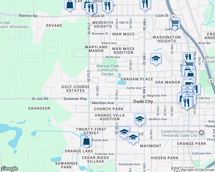 map of restaurants, bars, coffee shops, grocery stores, and more near 37137 Oak Court in Dade City